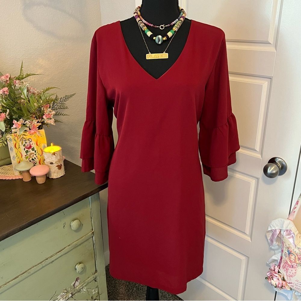 Belongsci Boutique Cranberry Red Maroon Tulip Ruffle Sleeve V Neck Dress Sz L